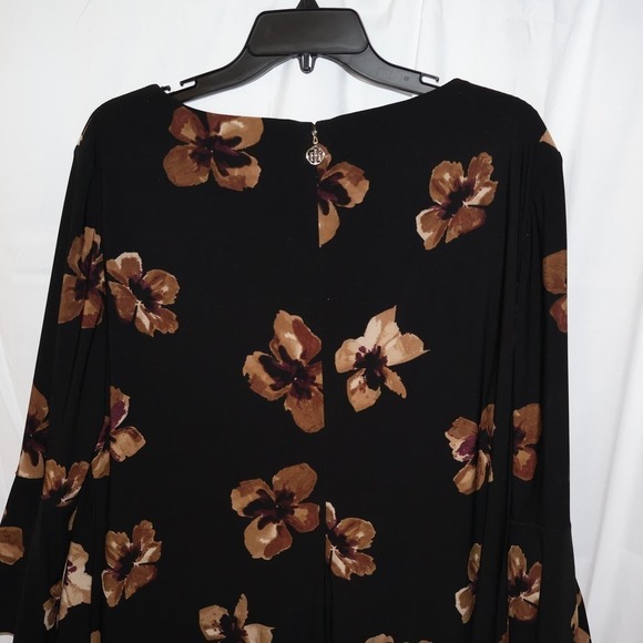 VTG Tommy Hilfiger Midi Dress Sz 16 3/4 Bell Sleeves Brown Floral Hidden Zipper - Picture 9 of 13